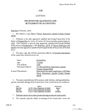 Thumbnail of Kansas Form Petition For Allowance And Settlement Of Accounting (Misc Guardianship/conservatorship)