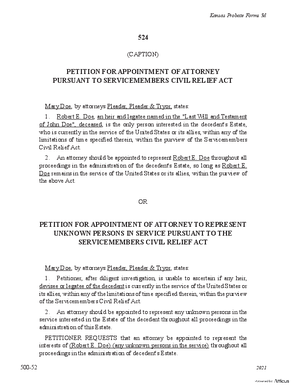 Thumbnail of Kansas Form Petition For Appointment Of Attorney Pursuant To Servicemembers Civil Relief Act Or Petition For Appointment Of Attorney To Represent Unknown Persons In Service Pursuant To Servicemembers Civil Relief Act