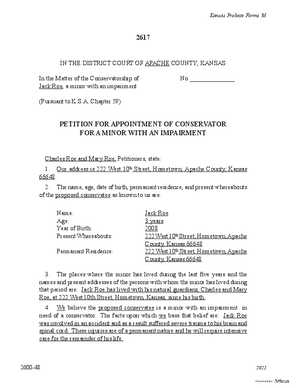 Thumbnail of Kansas Form Petition For Appointment Of Conservator For A Minor With An Impairment (Involuntary)