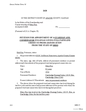 Thumbnail of Kansas Form Petition For Appointment Of A Guardian And Conservator In Kansas Giving Full Faith And Credit To Prior Adjudication From Another State
