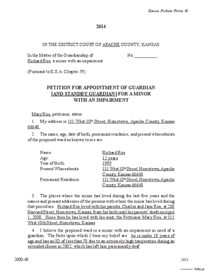 Thumbnail of Kansas Form Petition For Appointment Of Guardian [And Standby Guardian] For A Minor With An Impairment (Involuntary)