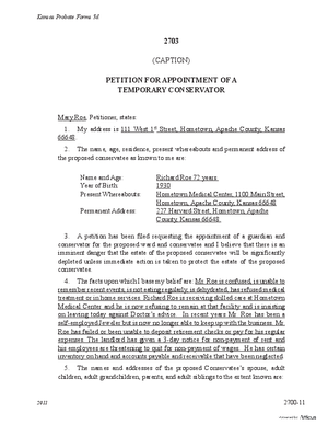 Thumbnail of Kansas Form Petition For Appointment Of A Temporary Conservator (Misc Guardianship/conservatorship)