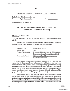Thumbnail of Kansas Form Petition For Appointment Of A Temporary Guardian [And Conservator] (Misc Guardianship/conservatorship)