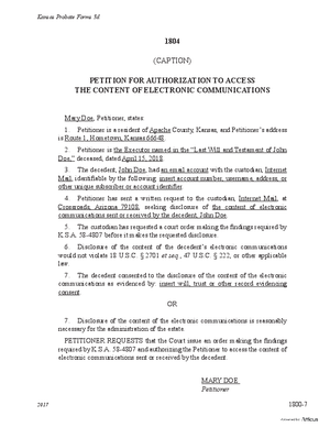 Thumbnail of Kansas Form Petition For Authorization To Access The Content Of Electronic Communications