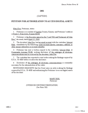 Thumbnail of Kansas Form Petition For Authorization To Access Digital Assets