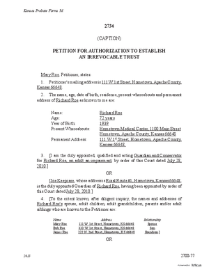 Thumbnail of Kansas Form Petition For Authorization To Establish An Irrevocable Trust