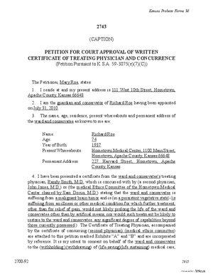 Thumbnail of Kansas Form Petition For Court Approval Of Written Certificate Of Treating Physician And Concurrence
