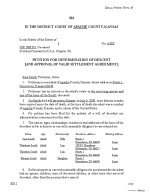 Thumbnail of Kansas Form Petition For Determination Of Descent [And Approval Of Valid Settlement Agreement]