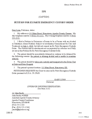 Thumbnail of Kansas Form Petition For Ex Parte Emergency Custody Order (Substance Abuse)
