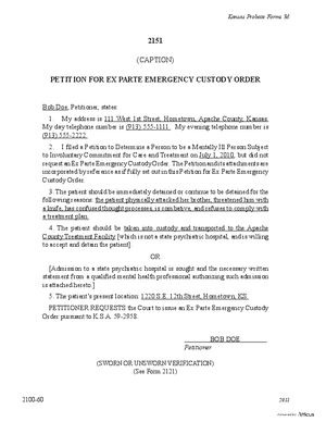 Thumbnail of Kansas Form Petition For Ex Parte Emergency Custody Order (Mental Illness)