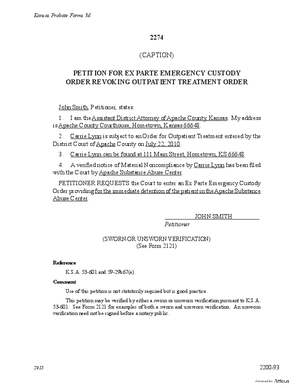 Thumbnail of Kansas Form Petition For Ex Parte Emergency Custody Order Revoking Outpatient Treatment Order (Substance Abuse)