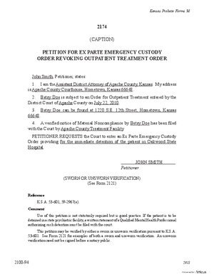 Thumbnail of Kansas Form Petition For Ex Parte Emergency Custody Order Revoking Outpatient Treatment Order (Mental Illness)