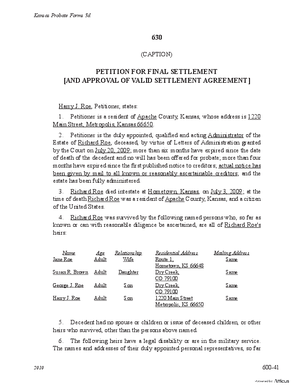 Thumbnail of Kansas Form Petition For Final Settlement [And Approval Of Valid Settlement Agreement] (Supervised Intestate Administration)