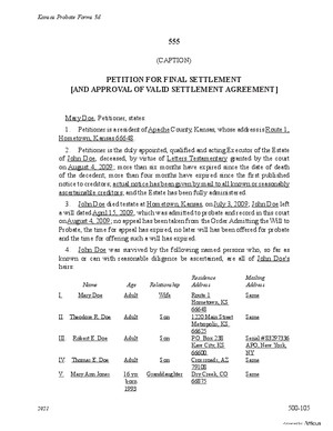 Thumbnail of Kansas Form Petition For Final Settlement [And Approval Of Valid Settlement Agreement] (Supervised Testate Administration)