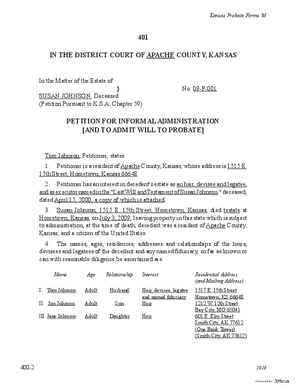 Thumbnail of Kansas Form Petition For Informal Administration [And To Admit Will To Probate]