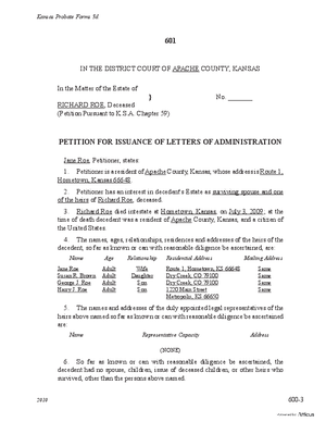 Thumbnail of Kansas Form Petition For Issuance Of Letters Of Administration