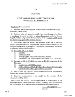 Thumbnail of Kansas Form Petition For Judicial Determination Of Statutory Allowance