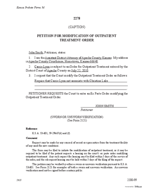 Thumbnail of Kansas Form Petition For Modification Of Outpatient Treatment Order (Substance Abuse)