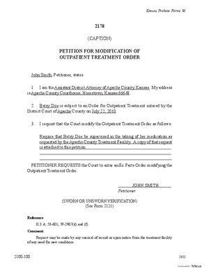Thumbnail of Kansas Form Petition For Modification Of Outpatient Treatment Order (Mental Illness)