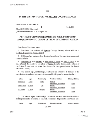 Thumbnail of Kansas Form Petition For Order [Admitting Will To Record And] Refusing To Grant Letters Of Administration