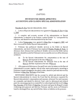 Thumbnail of Kansas Form Petition For Order Approving Accounting And Closing Special Administration