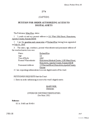 Thumbnail of Kansas Form Petition For Order Authorizing Access To Digital Assets (Misc Guardianship/conservatorship)