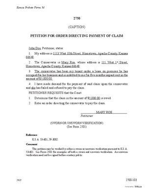 Thumbnail of Kansas Form Petition For Order Directing Payment Of Claim