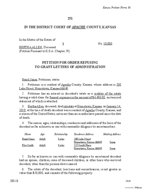 Thumbnail of Kansas Form Petition For Order Refusing To Grant Letters Of Administration
