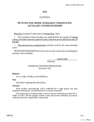 Thumbnail of Kansas Form Petition For Order Summarily Terminating Ancillary Conservatorship (Involuntary)