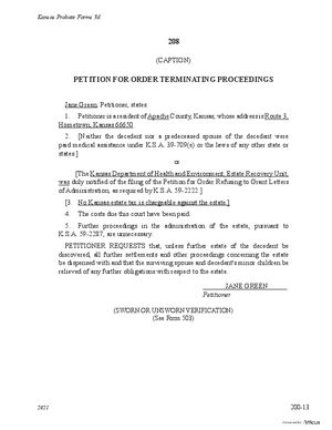 Thumbnail of Kansas Form Petition For Order Terminating Proceedings