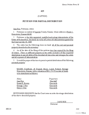 Thumbnail of Kansas Form Petition For Partial Distribution (Supervised Intestate Administration)