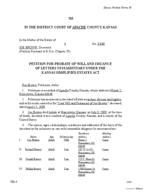 Thumbnail of Kansas Form Petition For Probate Of Will And Issuance Of Letters Testamentary Under The Kansas Simplified Estates Act (Simplified Administration)
