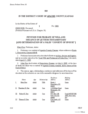 Thumbnail of Kansas Form Petition For Probate Of Will And Issuance Of Letters Testamentary [And Determination Of A Valid "Consent Of Spouse"]