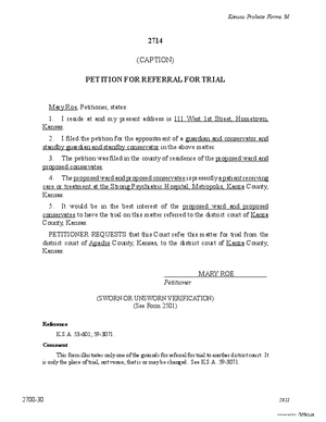Thumbnail of Kansas Form Petition For Referral For Trial (Misc Guardianship/conservatorship)
