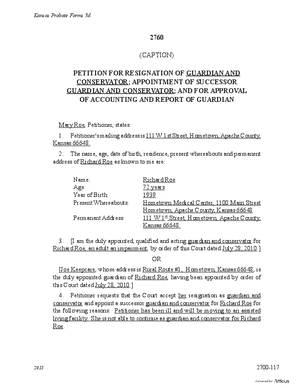 Thumbnail of Kansas Form Petition For Resignation Of Guardian/conservator; Appointment Of Successor Guardian/conservator; And For Approval Of Accounting And Report Of Guardian