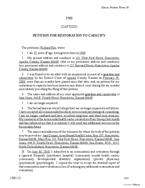 Thumbnail of Kansas Form Petition For Restoration To Capacity (Misc Guardianship/conservatorship)