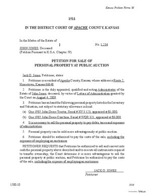 Thumbnail of Kansas Form Petition For Sale Of Personal Property At Public Auction