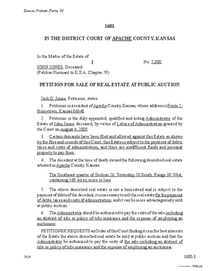 Thumbnail of Kansas Form Petition For Sale Of Real Estate At Public Auction
