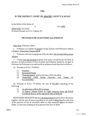 Thumbnail of Kansas Form Petition For Statutory Allowance