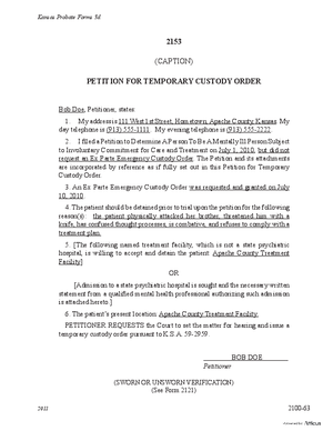 Thumbnail of Kansas Form Petition For Temporary Custody Order (Mental Illness)
