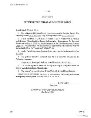 Thumbnail of Kansas Form Petition For Temporary Custody Order (Substance Abuse)