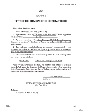 Thumbnail of Kansas Form Petition For Termination Of Conservatorship