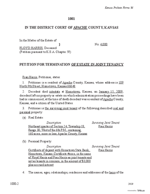 Thumbnail of Kansas Form Petition For Termination Of Estate In Joint Tenancy