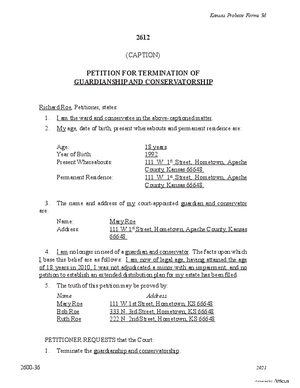 Thumbnail of Kansas Form Petition For Termination Of Guardianship And Conservatorship (Involuntary)