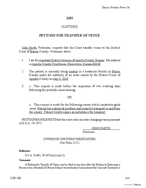 Thumbnail of Kansas Form Petition For Transfer Of Venue (Mental Illness)