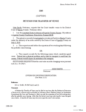 Thumbnail of Kansas Form Petition For Transfer Of Venue (Substance Abuse)