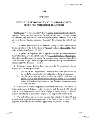 Thumbnail of Kansas Form Petition Seeking Modification And An Agreed Order For Outpatient Treatment (Substance Abuse)