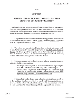 Thumbnail of Kansas Form Petition Seeking Modification And An Agreed Order For Outpatient Treatment (Mental Illness)