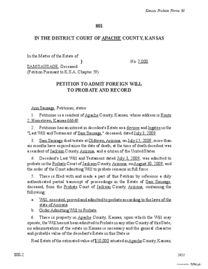 Thumbnail of Kansas Form Petition To Admit Foreign Will To Probate And Record