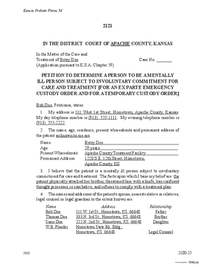 Thumbnail of Kansas Form Petition To Determine A Person To Be A Mentally Ill Person Subject To Involuntary Commitment For Care And Treatment [For An Ex Parte Emergency Custody Order And For A Temporary Custody Order]